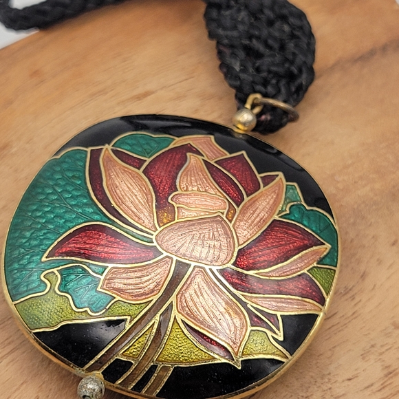 Lotus Flower Cloisonné Pendant Necklace with Black Tassel - Picture 3 of 7
